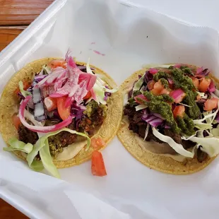 Mediterranean Tacos. Left: Falafel ($3). Right: Steak Shawarma ($3).