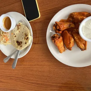 Pupusa Stuffed with Cheese and Buffalo wings with Blue Cheese
