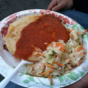 pupusas with pickled cabbage slaw and spicy salsa