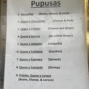 Pupusas menu list $3.00 each