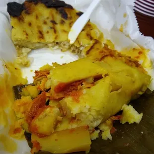 (Lower) chicken tamales  (Higher) steak and cheese pupusa