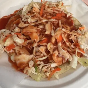 Pupusa revuelta-pork, bean, and cheese. Filling was good but tortilla/masa was dry.