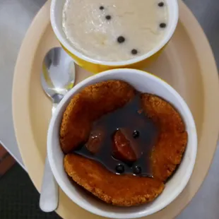  bowl of pudding and a cup of coffee