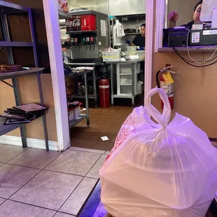 a swan in a plastic bag