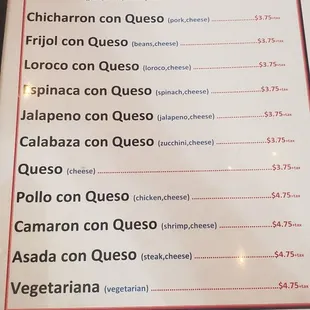 Current menu of Papusas
