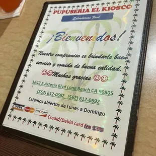 Their menu with address, phone numbers and accepted forms of payment