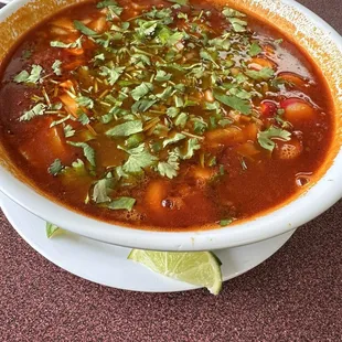 Menudo with beef: very flavorful with a good deal of beef fat and tripe.