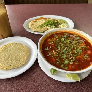 Menudo with beef, pupusas, horchata