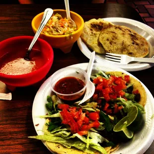 Carne asada tacos and pupusas