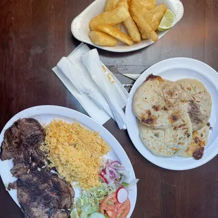 Carne Asada, Pupusas, and Yuca fries