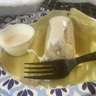 Tamal de elote: Sweet corn tamal.