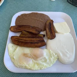 Fried banana with eggs cream cheese and beans