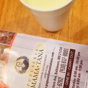 Fun menu with photos. Ordered an authentic corn drink,  Atole de Elote.