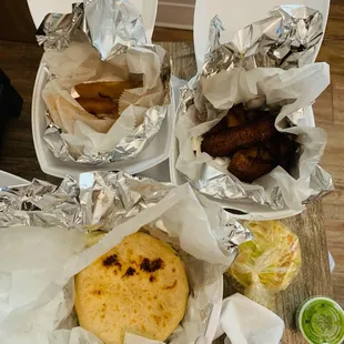pupusa, yucca fries, plantains