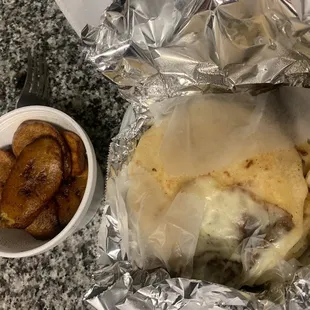 Plaintains, bean and cheese pupusa