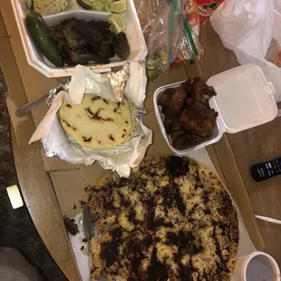 Carne asada, pupusa, chicharron