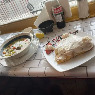 Beef soup and cream cheese strawberry &amp; banana crepe!