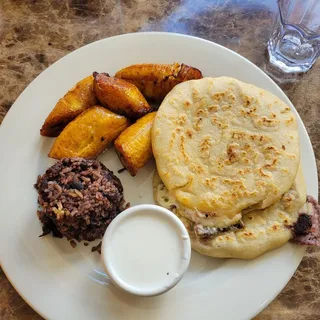 #3. Two Pupusas with a side of Sour Cream and platanos Lunch Special