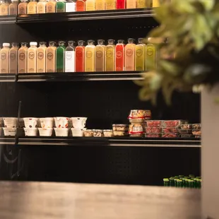 shelves of juice and coffee