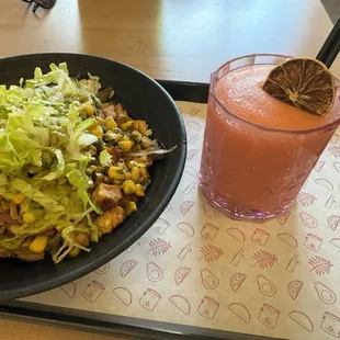 Chicken bowl and a prickly pear margarita