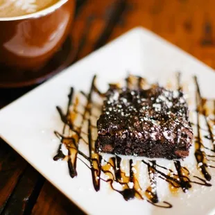 Dark Chocolate Brownie with chocolate and caramel drizzle