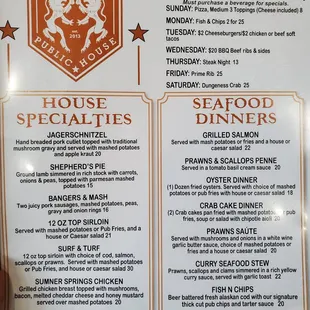 Front of menu with daily specials