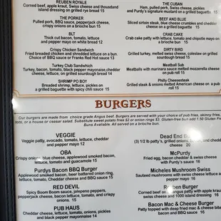 Pub entrees and burgers menu