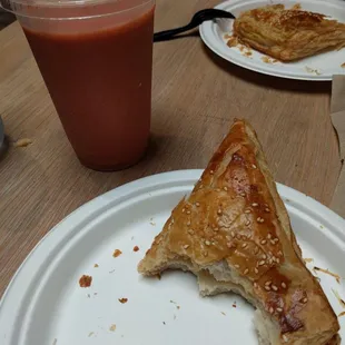 Cheese and potato bourekas and Strawberry Fields smoothie.