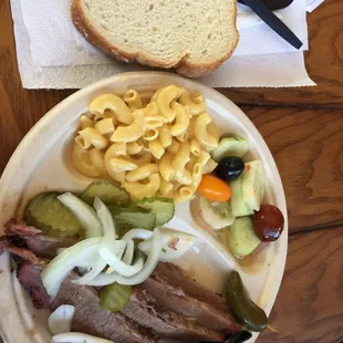 My plate: Brisket, mac n cheese, cucumber medley.