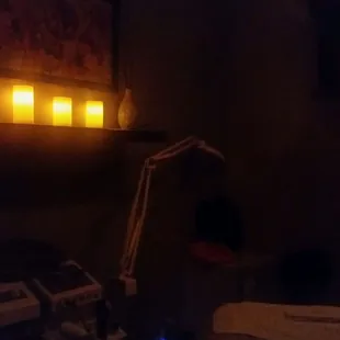 Nice,  dim, with that soothing music.  Perfect