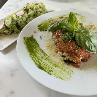 Lasagna - Heirloom tomato sauce, house pesto, garlic lemon ricotta, spinach, red bell pepper, caramelized mushroom, zucchini noodles.