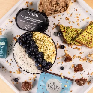  a variety of food items on a tray