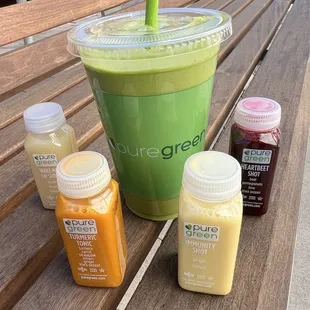 Power, green, smoothie with avocado and cashew added. HEARTBEET shot, wake me up shot, turmeric, tonic, and immunity shot.