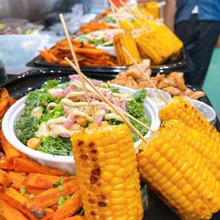 corn on the cob and sweet potato fries