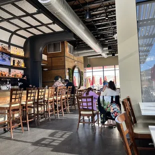 a restaurant with a bar and a large window