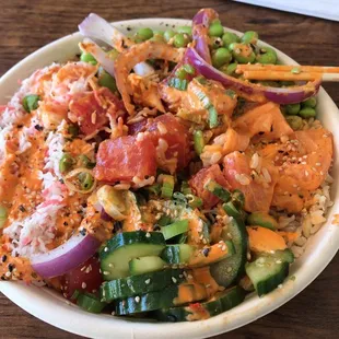 Salmon and tuna with crab meat. Excellent!!!!