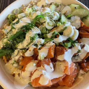 Kahuhu Salmon Poke Bowl with lemon-cilantro aioli