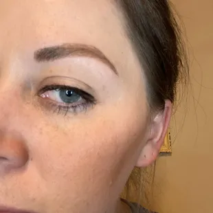 Right eye. Can tell it's faded and turning orange already and to many strokes above and below eye and doesn't match left brow at all!!!