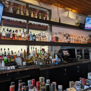 a bar with a variety of liquors