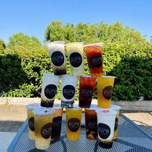 a variety of drinks on a table