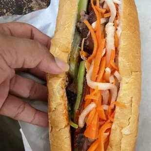 a person holding a sandwich