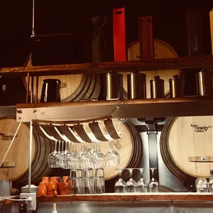 wine glasses and barrels