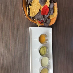 Chips and salsa.  Each of the four salsa were amazing, but the Mango/pineapple habañero was truly excellent.