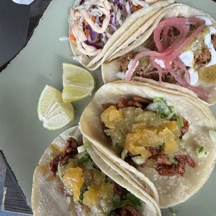 Two Al Pastor that were to die for.  One Chicken Tinga which was very tasty and one grilled shrimp taco that was mouthwateringly delicious.