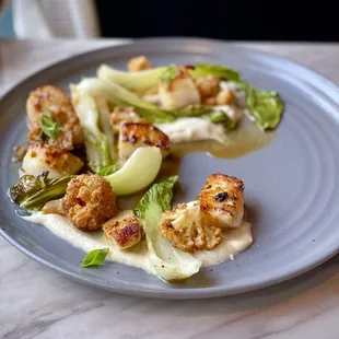 Roasted Cauliflower, bok choy, pan-seared scallops