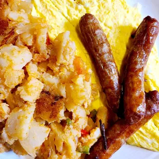 2 Eggs scrambled with sausage and home fries