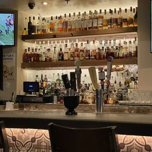 bar with liquor bottles on shelves
