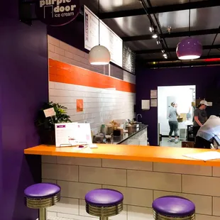 purple counter and purple stools