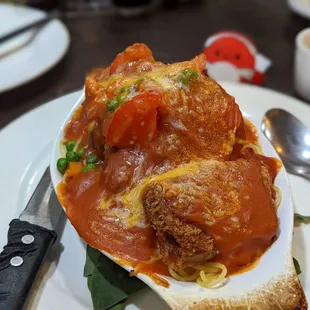 Baked spaghetti w/ pork chops