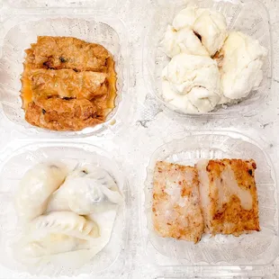 Steamed bean curd rolls, 5/5; Steamed BBQ pork buns, 4/5; Five spice taro dumplings, 5/5; Radish cake, 5/5. IG: @take.a.bite.with.me